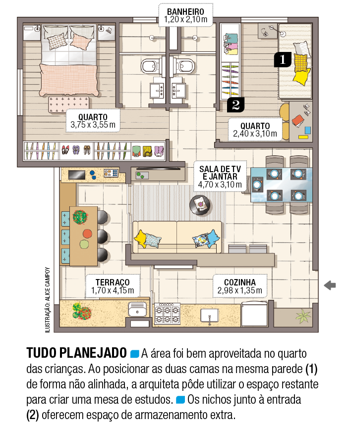 Apartamento pequeno com ambientes integrados e decoração neutra – planta
