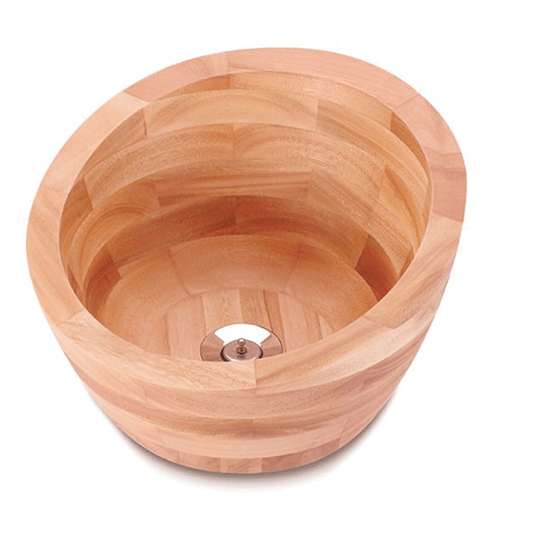 Com desenho assimétrico, o produto de lyptus resistente ao contato com água mede 19,5 x 32 x 32 cm. Da linha Legno, disponível na Villa Ibiza.