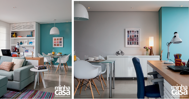 Espaço multiúso: sala de estar, jantar e home office