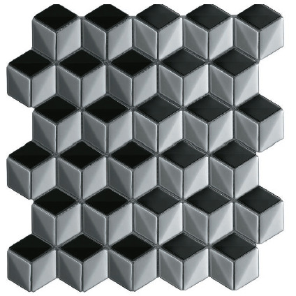 A paginação da cerâmica Cubit Retrô, da Roca, cria um efeito tridimensional, conquistado pelo jogo de luz e sombra – que resulta das variações de tonalidades de preto e cinza dos desenhos. As placas medem 26 x 27 cm, vão bem em paredes tanto de áreas internas quanto externas e possuem superfície esmaltada brilhante.