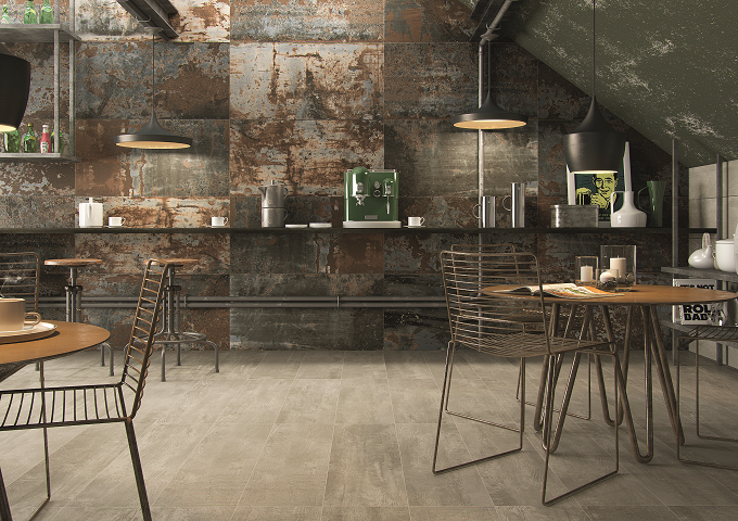Mais um lançamento a investir no estilo industrial, o porcelanato Oxy, da Biancogres, tem aparência de chapas de metal enferrujado – segundo o fabricante, o acabamento reproduz até mesmo o efeito da luz sobre o material, refletindo-a apenas sob determinados ângulos.