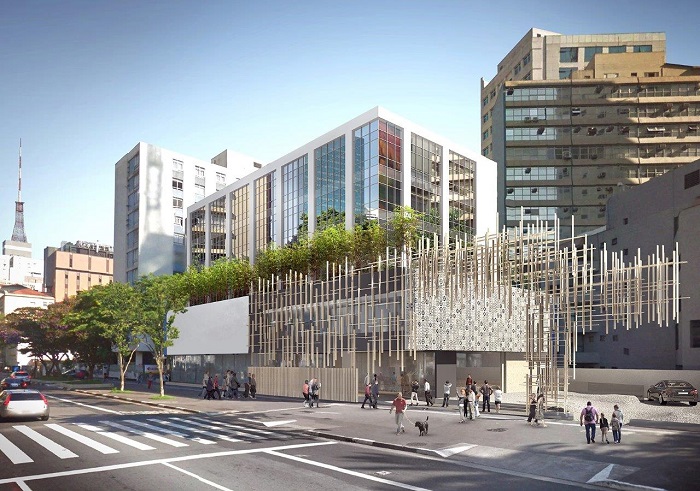 Fachada inédita de madeira traz bossa à Avenida Paulista