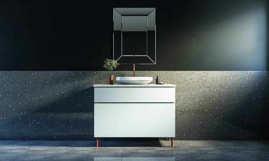 Na parede, a nova marca de superfície de quartzo Topzstone (aqui no padrão Gray Lights com partículas brilhantes), do capixaba Grupo Guidoni.