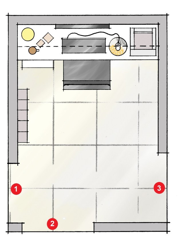 Apesar de o cômodo medir 3,35 m², o espaço destinado ao home office tem apenas 2 m². Se avançasse esse limite, atrapalharia a circulação entre banheiro (1), sala (2) e quarto (3).