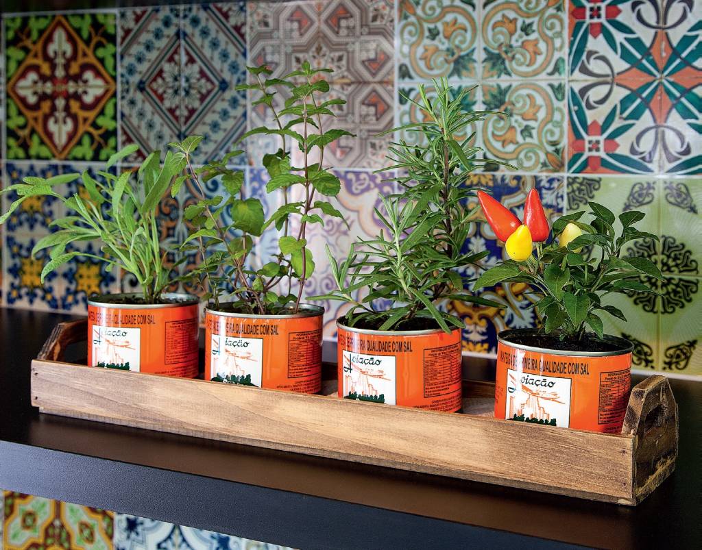 3 dicas para ter uma horta em espaços pequenos. Na foto, hortaliças plantadas em latinhas de manteiga.