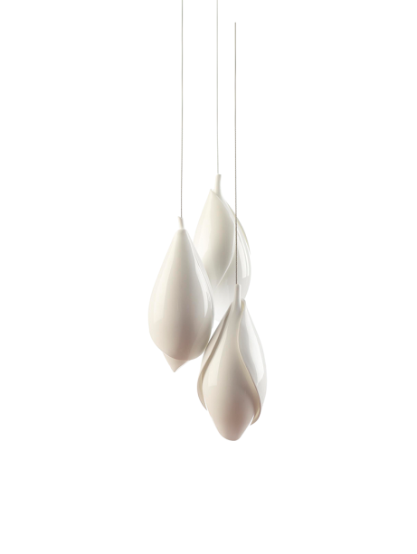 De Jeremy Cole, a Chrysalis (23 x 64 cm cada bojo) é de porcelana e alumínio, com fonte halogênica ou led. Por US$ 7 mil com o designer.
