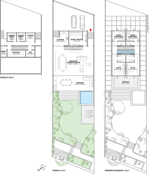 O terreno de 1 800 m² do condomínio foi dividido em quatro faixas com 12,65 m de largura cada uma, a mesma medida das casas, todas com plantas iguais a esta. Área: 419 m²; Equipe colaboradora do projeto arquitetônico: Andres Galvéz, Edgar Murata, Fabiana Porto, Rafael Zampini ; Luminotécnica e interiores: Gebara Conde Sinisgalli Arquitetos; Paisagismo: Fernando Chacel; Projetos elétrico e hidráulico: Grau Engenharia; Construção: Ricardo Peters; Estrutura: Leão e Associados