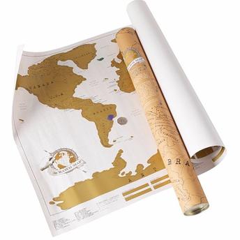 Mapa Raspadinha, de papel cuchê (88 x 52 cm) – ao raspar os países com uma moeda, aparecem as cores. Walmart.com, R$ 94,66.