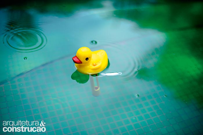 No detalhe da piscina desenhada pelas arquitetas Maristela Faccioli e Regina Junqueira, o patinho parece enfeite, mas é um termômetro.