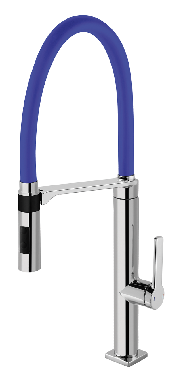 Além do azul-royal, o monocomando de mesa Doc Chrome (Docol) tem tubo flexível de silicone em mais sete cores. Com bica giratória, vale R$ 1 746,13, na Ibiza Acabamentos.