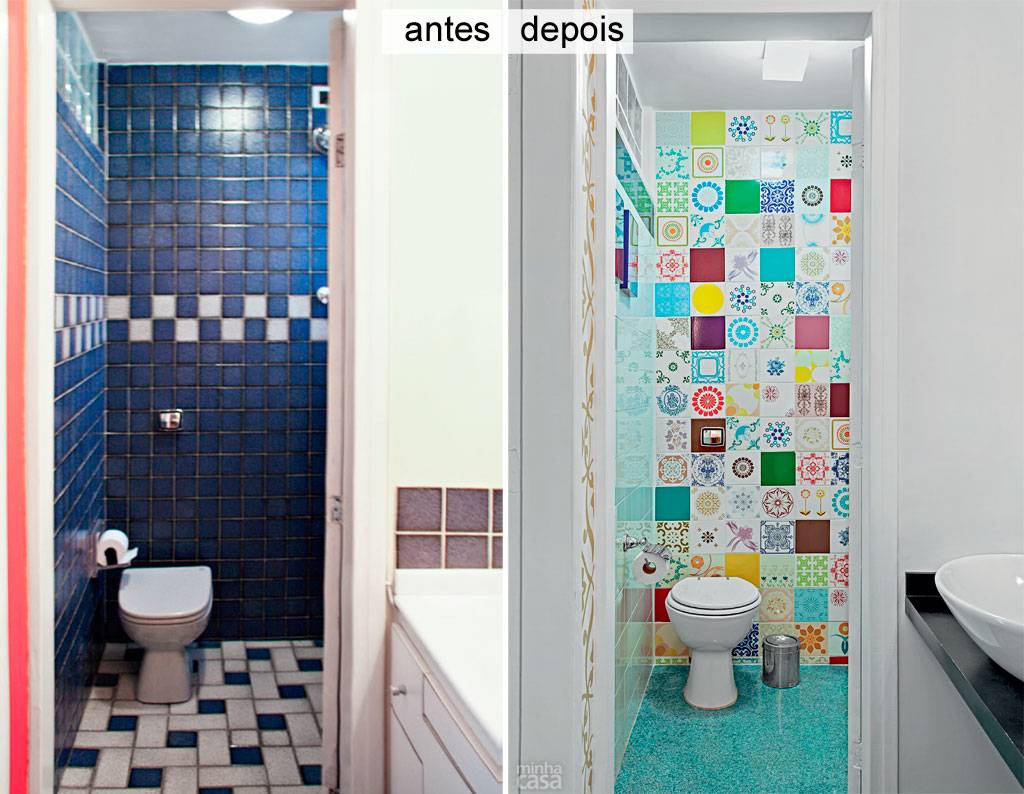Mosaico colorido de azulejos dá vida ao lavabo