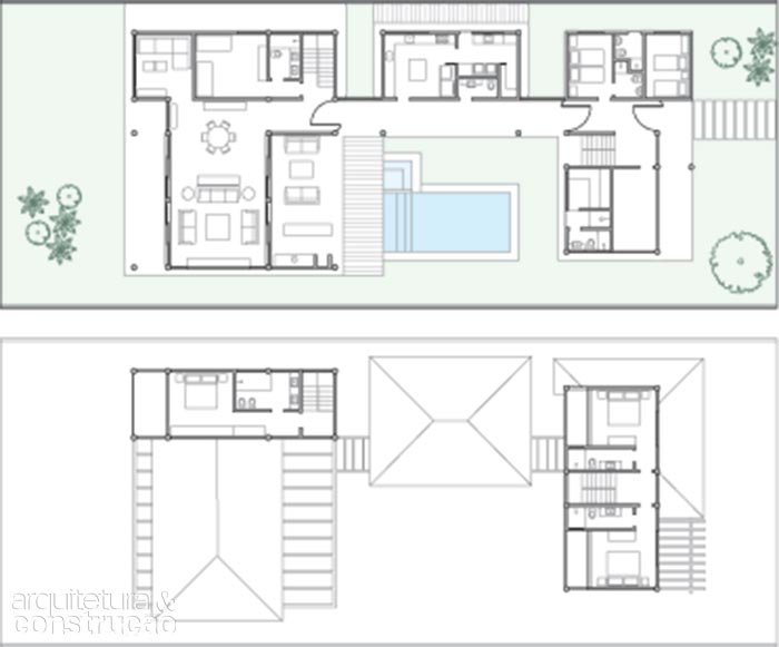 A casa se encaixa num terreno de 907 m². Ao redor do jardim, estão os ambientes de lazer, como a varanda da churrasqueira e a sauna. Os quartos se encontram mais afastados desse miolo