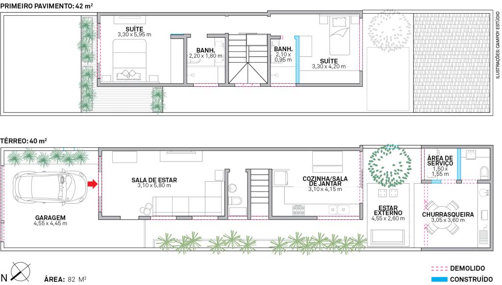 Definir uma &aacute;rea de conviv&ecirc;ncia na parte de tr&aacute;s da casa e integr&aacute;-la com a cozinha norteou a reforma. Na frente, a garagem aberta amplia visualmente a sala de estar.