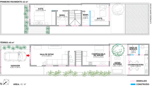 Definir uma área de convivência na parte de trás da casa e integrá-la com a cozinha norteou a reforma. Na frente, a garagem aberta amplia visualmente a sala de estar.