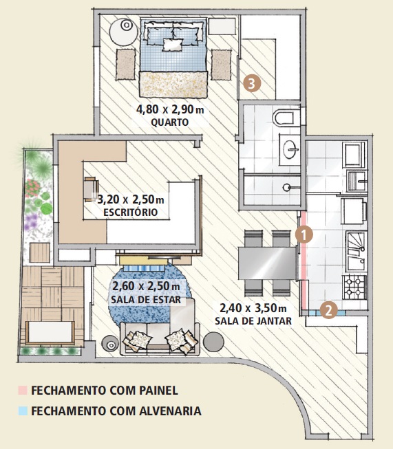 Paredes pretas e estampadas sao o destaque deste ape de 63 m²planta