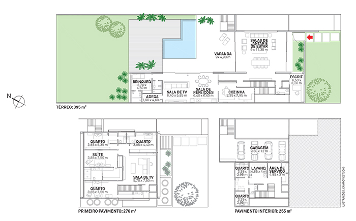 Em função dos recuos obrigatórios e a fim de aproveitar melhor a largura do terreno, de 20 m, o projeto se estabelece em dois blocos perpendiculares, separando claramente social e privado. Área: 920 m²; Arquitetas colaboradoras: Isabela Moura, Isabela Valença e Luiza Landim; Cálculo Estrutural: Situare Arquitetura + Engenharia; Construção: RHC - Rezende Hermeto Arquitetura e Construção; Esquadrias: Talentus Esquadrias; Marcenaria: Talentus Esquadrias; Luminotécnica: Dessine; Paisagismo: Ana Paula Roseo
