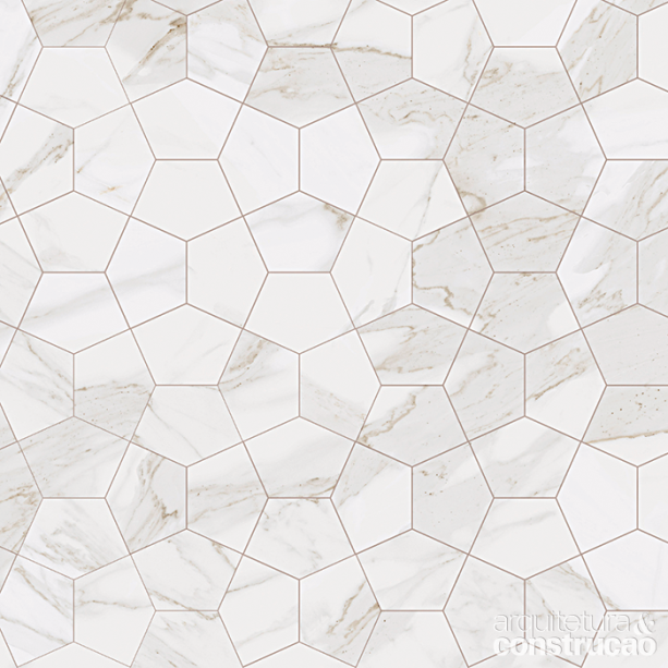 Os veios delicados do mármore calacata estampam o porcelanato Marmo Element, criação pentagonal da Biancogres. Com 17,5 x 24 cm, pede juntas de apenas 1 mm. Cada unidade sai por R$ 34,90.
