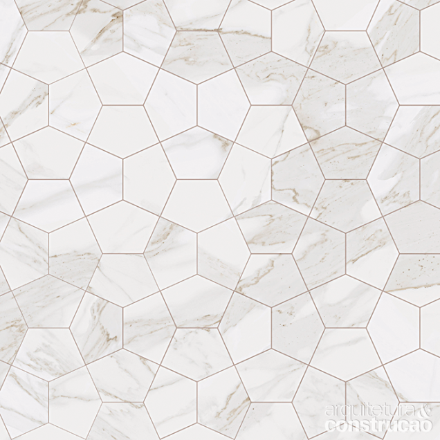 Os veios delicados do mármore calacata estampam o porcelanato Marmo Element, criação pentagonal da Biancogres. Com 17,5 x 24 cm, pede juntas de apenas 1 mm. Cada unidade sai por R$ 34,90.