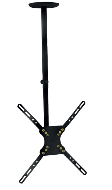 Pensado para pendurar a televisão no teto, este modelo (ref. SU-600I, da Indusat) é articulado na horizontal (360º) e na vertical (15º), e possui altura regulável (48 cm a 75 cm). De aço, aguenta 40 kg e aceita TVs de até 42”. Padrão VESA: 100, 200, 300 e 400. Mobly , R$ 109,99