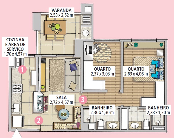 Projeto de apartamento aposta em elementos neutros e elegantes planta