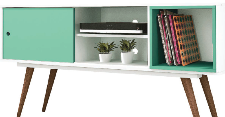 Com pés palito de madeira maciça, uma porta de correr e nicho com revestimento interno colorido, o Sowday é confeccionado em MDF e MDP, coberto por pintura UV branca e turquesa. Nas medidas 1,40 x 0,39 x 0,72 m, aguenta até 30 kg. LojasKD , R$ 356,45