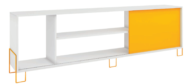 Os pés aramados e o laminado amarelo da porta de correr enchem de personalidade o modelo BR 33, da BRV. Magrinho, o rack de MDP laminado de branco tem 1,85 x 0,29 x 0,56 m e suporta até 36 kg. Casas Bahia , R$ 237,14