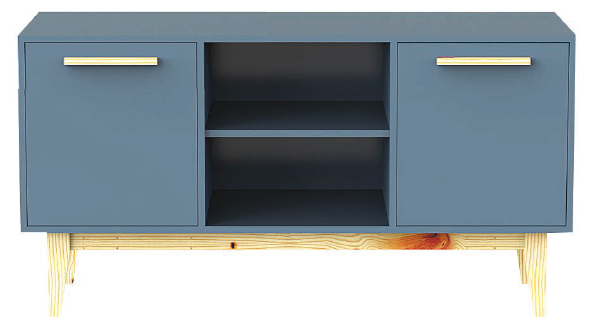 Chama a atenção o contraste da madeira pínus (nos pés e puxadores) com a pintura laqueada azul fosca do Home Pine. De MDF, com duas portas e nicho aberto, mede 1,20 x 0,45 x 0,63 m e tem capacidade para 50 kg. O modelo está disponível em outras três cores (amarelo, branco e vermelho). Veromobili , R$ 969,90