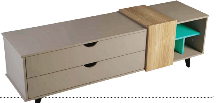 Composto de dois gavetões e um nicho aberto, o Ipanema, da Falkk, é de MDF e MDP cobertos com laminados cinza fosco, turquesa brilhante e madeira. A peça de 1,50 x 0,41 x 0,46 m possui pés de madeira maciça e foi projetada para receber até 55 kg. Americanas.com , R$ 577,90