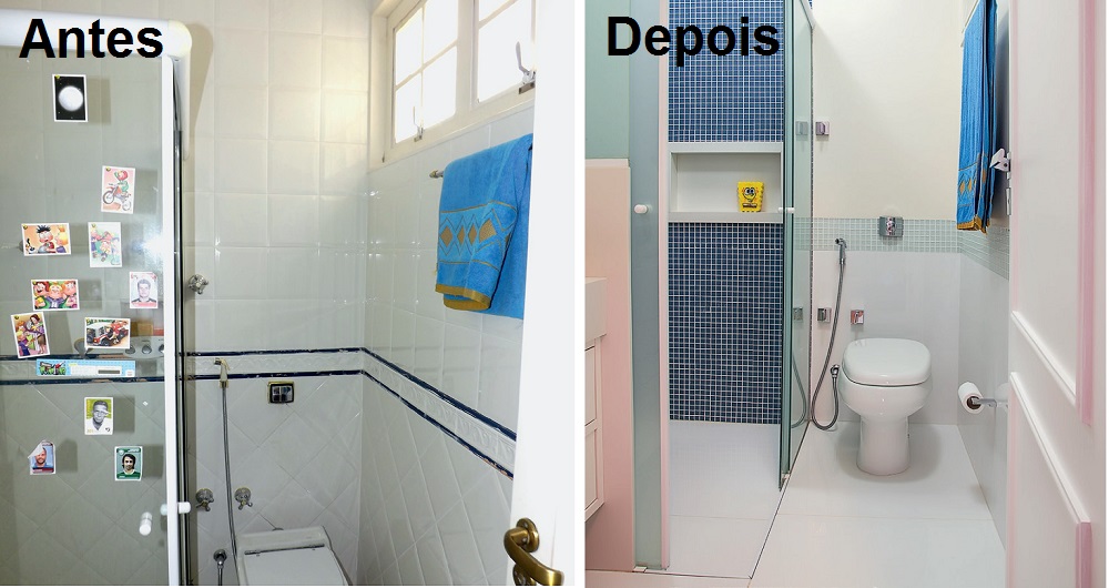 Revestimentos atuais rejuvenescem banheiro boxe antes e depois