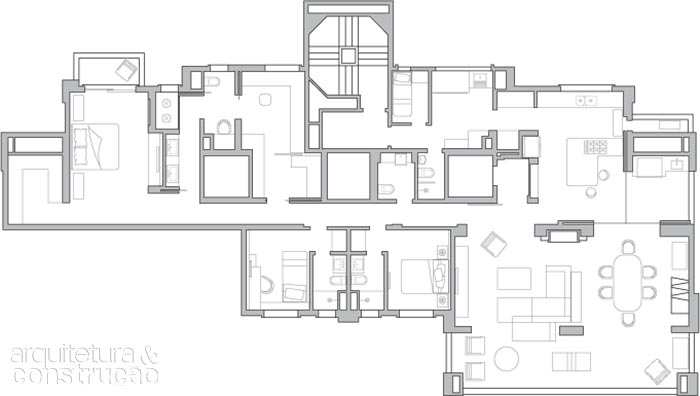 Satisfeito com a planta, o casal só investiu em novos revestimentos. “A construtora nem chegou a instalar os que estavam previstos. Evitamos desperdício”, afirma o autor do projeto. O mezanino comporta um escritório de 25 m².