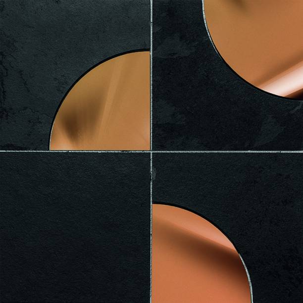 Mosaico de parede Round Copper (29,2 x 29,2 cm), montado pela Mosarte com ardósia e cobre.