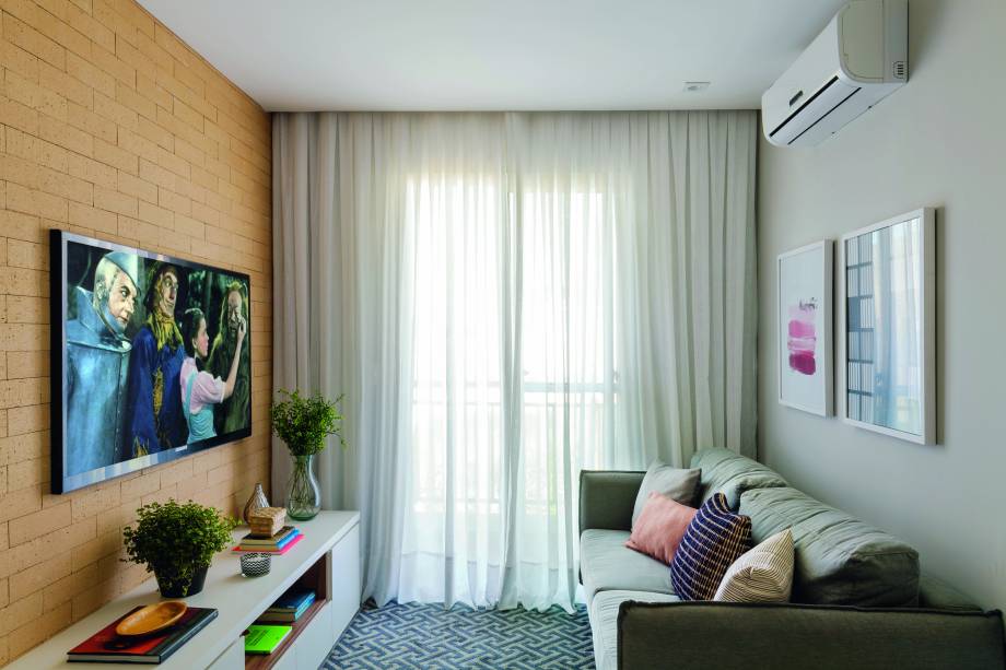 <span>Uma das estratégias das arquitetas foi investir em pontos focais, como a superfície da TV, que ganhou revestimento imitando tijolos aparentes (Anatólia Anticato Tradicional, 23 x 7 cm, da Palimanan) – além do evidente charme que agrega, ele compõe com o acabamento amadeirado de parte da marcenaria. </span><span> Esses elementos formam a base neutra, juntamente com o sofá e os demais móveis e com a pintura cinza em algumas das paredes (cor Repose Gray, ref. SW 7015, da Sherwin-Williams). A escolha de almofadas e quadros também foi pautada pela paleta suave. Projeto das</span> arquitetas Fabiana Silveira e Patrícia de Palma, do escritório SP Estudio. <span>Uma das estratégias das arquitetas foi investir em pontos focais, como a superfície da TV, que ganhou revestimento imitando tijolos aparentes (Anatólia Anticato Tradicional, 23 x 7 cm, da Palimanan) – além do evidente charme que agrega, ele compõe com o acabamento amadeirado de parte da marcenaria. </span><span> Esses elementos formam a base neutra, juntamente com o sofá e os demais móveis e com a pintura cinza em algumas das paredes (cor Repose Gray, ref. SW 7015, da Sherwin-Williams). A escolha de almofadas e quadros também foi pautada pela paleta suave. Projeto das</span> arquitetas Fabiana Silveira e Patrícia de Palma, do escritório SP Estudio.