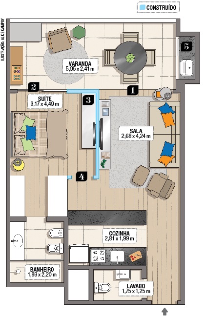 Salas integradas à varanda marcam o projeto deste apê de 60 m² planta