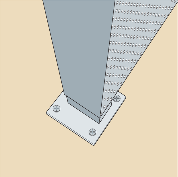 A estrutura tira partido de tubos retangulares de 30 x 50 mm, presos ao chão por uma placa de acabamento parafusada em quatro pontos.