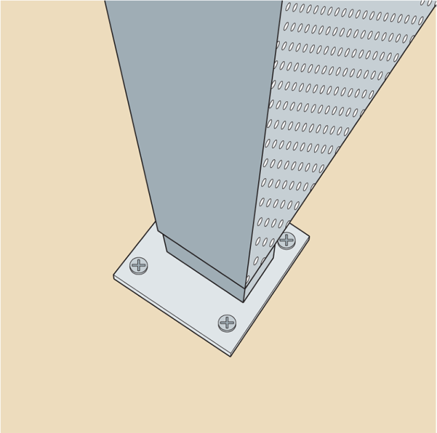 A estrutura tira partido de tubos retangulares de 30 x 50 mm, presos ao chão por uma placa de acabamento parafusada em quatro pontos.