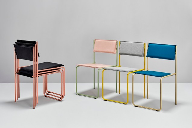 Com metal e tecido, os jovens designers da Cuatro Cuatros criaram a cadeira Trampolín para a espanhola Missana. Simples, empilhável e gracioso, o móvel fica bem em qualquer espaço.