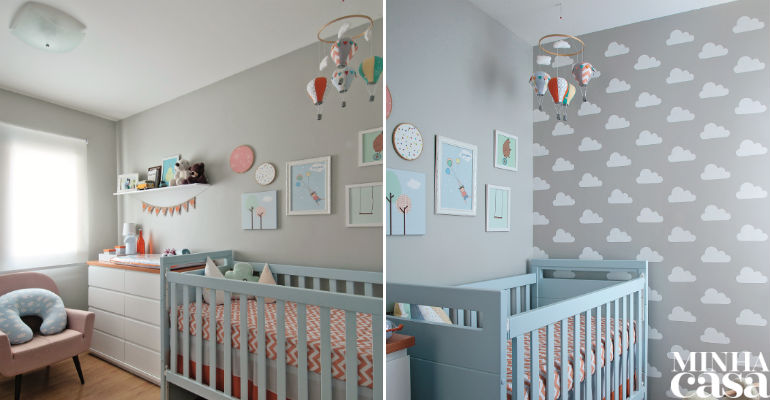 Teto e paredes foram tingidos de branco, com exceção de uma, que recebeu fundo cinza (Crômio, ref. B161, da Suvinil) – sobre ele, o casal criou uma pintura artística. O pai fez o desenho, recortou o estêncil em papel-cartão e usou fita crepe para marcar a parede, padronizando a distância entre as nuvens. Depois foram pintadas com rolo pequeno. Azul e rosa estão no berço (Horizonte, na cor ref. H029, Berta Gonçalez) e na poltrona (Biscoito Fino, Oppa), mas outros matizes dão as caras em itens como os quadrinhos (Uauá Baby) e o móbile (Uauá Baby). Teto e paredes foram tingidos de branco, com exceção de uma, que recebeu fundo cinza (Crômio, ref. B161, da Suvinil) – sobre ele, o casal criou uma pintura artística. O pai fez o desenho, recortou o estêncil em papel-cartão e usou fita crepe para marcar a parede, padronizando a distância entre as nuvens. Depois foram pintadas com rolo pequeno. Azul e rosa estão no berço (Horizonte, na cor ref. H029, Berta Gonçalez) e na poltrona (Biscoito Fino, Oppa), mas outros matizes dão as caras em itens como os quadrinhos (Uauá Baby) e o móbile (Uauá Baby).