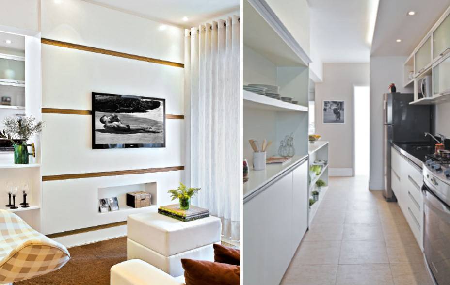 Para aproveitar cada centímetro deste apartamento decorado, a arquiteta Renata Cáfaro, de São Paulo, abriu mão da parede na fronteira entre a sala de estar e a cozinha: no lugar dela, instalou uma estrutura multiúso que atua, de um lado, como painel para a TV e, do outro, como armário para acomodar louças e utensílios. De MDF laqueado de branco, o conjunto mede 2,11 x 0,45 x 2,63 m e foi confeccionado sob medida (Marcenaria Beldan, R$ 4 050). O lado do painel é básico, mas os frisos amadeirados (5 cm de altura) garantem um visual elegante. O nicho inferior (87 x 35 x 30 cm) foi pensado para abrigar um aparelho de DVD – se essa medida não for suficiente para seus eletrônicos, basta prever um vão maior. “E não se esqueça de pedir à marcenaria que faça aberturas para a passagem dos fios”, lembra Renata.
