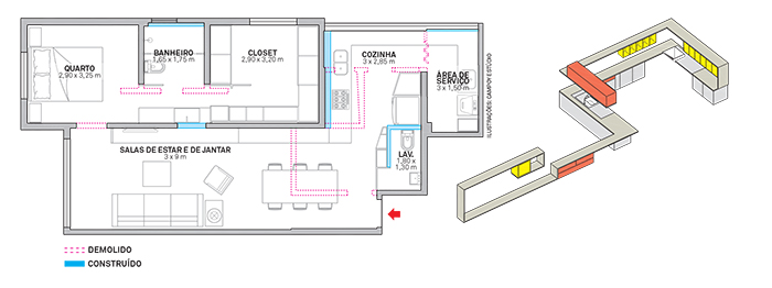 À esq.: a cozinha perdeu divisórias e parte de seu espaço foi incorporada ao estar, assumindo uma configuração aberta. Entre os dois quartos, estabeleceu-se nova conexão, já que um deles virou closet. Área: 65 m²; Arquitetos colaboradores: Daniela Mello, Danilo Bocchini, Francisco Costardi, Thayse Portugal; Obra: Stuchi Soluções de Engenharia; Marcenaria: Comercial Ailson Moura; Luminotécnica: Reka. À dir.: um móvel, muitas funções. Moldada na obra, a estrutura de concreto armado percorre toda a área social do apartamento. Suas medidas vão mudando para que assuma diferentes usos: 44 cm de profundidade na sala e 60 cm na cozinha e na área de serviço, quando se torna bancada. Na versão mais alta, a 1,70 m do piso, serve de prateleira para livros e objetos. E em diversos pontos ampara gabinetes (cinza) e armários suspensos (vermelhos e amarelos).