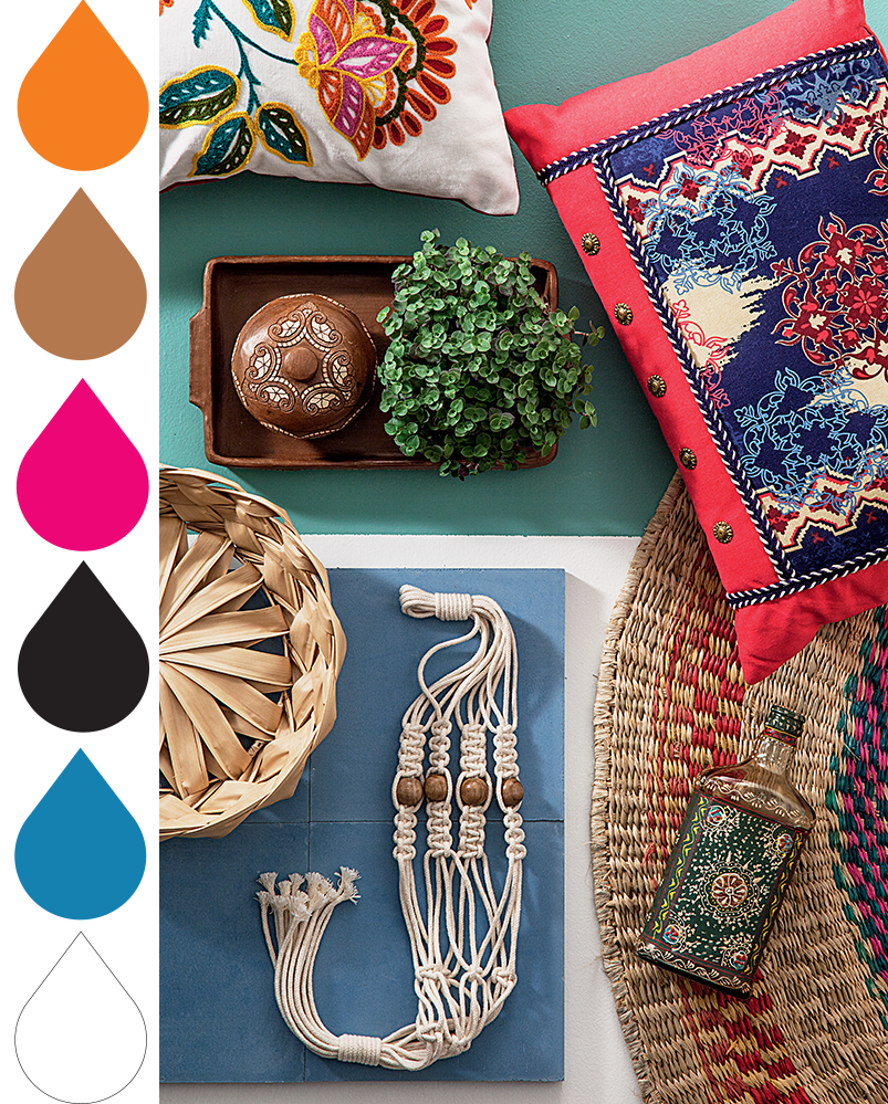 Varanda com decoração em estilo boho chic jogo de cores