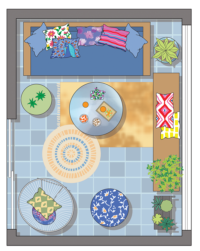 Varanda com decoração em estilo boho chic plantas 2,60 x 3,40 m