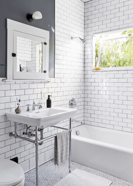 20-ideias-criativas-de-banheiros-com-azulejos-20 <span style="font-weight: 400">Quando se trata de planejar o banheiro dos seus sonhos, até os menores detalhes podem ter um grande impacto. Embora a maioria dos projetos incorporem argamassa branca, este utilizou o material em preto e o resultado final se alinha à paleta de cores geral.</span>