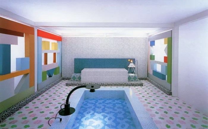 Interior para uma exposição sobre design italiano em Tóquio, por Sottsass Associati, 1984