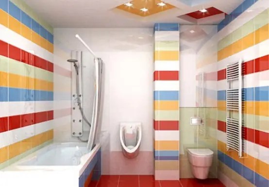 Listras de azulejos arrojados e um piso vermelho são ótimas solução para quem gosta de muita cor