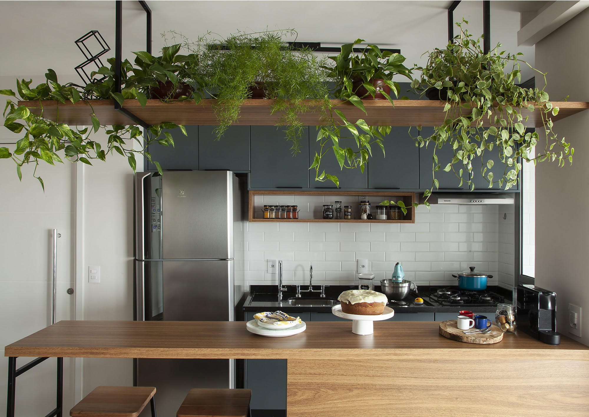 Cozinha com uma estante exibindo vasos de planta a cima da bancada