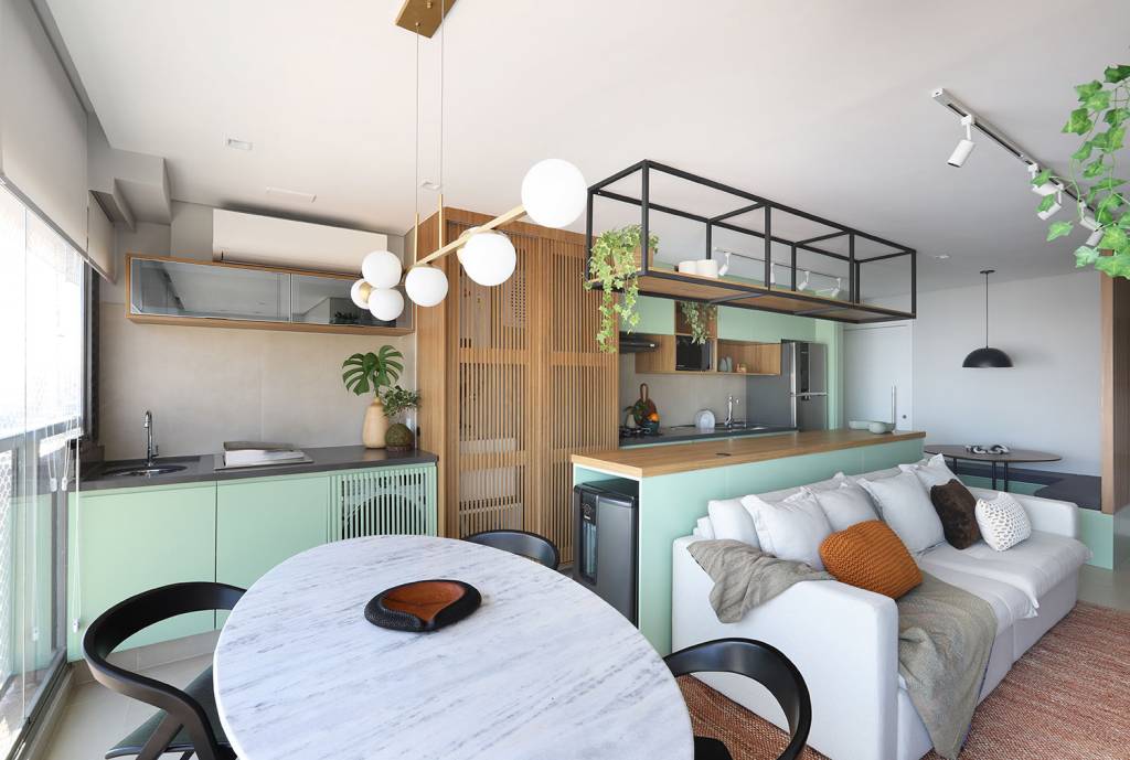 reforma-aumenta-espaco-de-armazenamento-em-ape-de-70-m²-casa.com-lilutz-arquitetura-mariana-orsi-1 Sala de estar integrada com varan e cozinha, com móveis em tons de madeira e verde claro