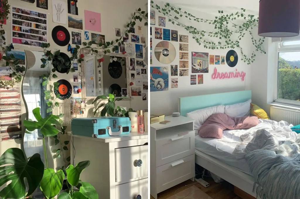 Quarto com plantas suspensas, discos de vinil como decoração e colagens na parede de genZ