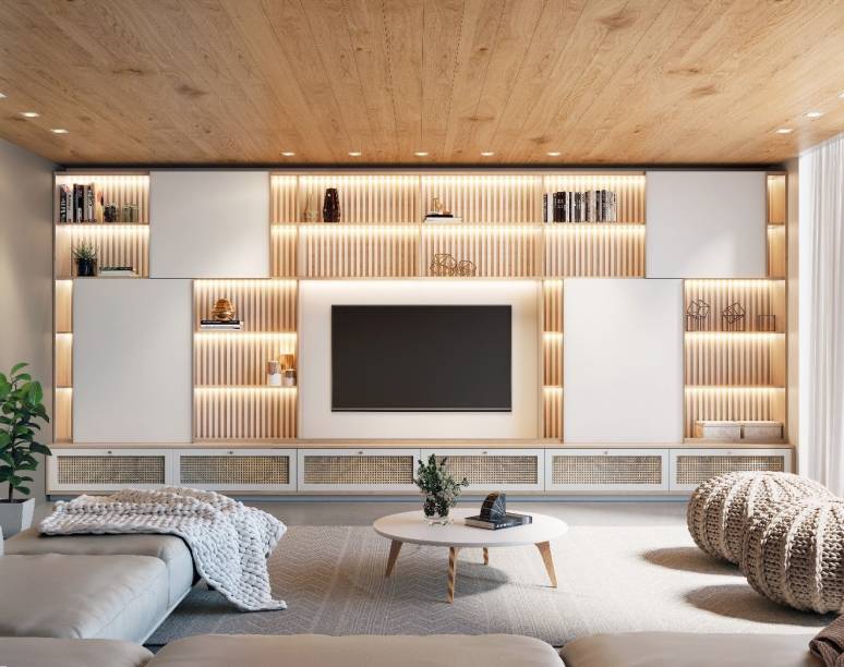 A estante ripada e painéis deslizantes permitem um bom aproveitamento do ambiente, além de gavetas que ajudam a organizar o espaço A estante ripada e painéis deslizantes permitem um bom aproveitamento do ambiente, além de gavetas que ajudam a organizar o espaço