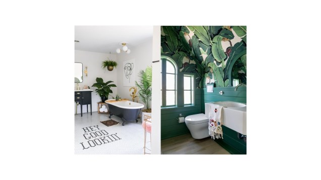 À esquerda: banheiro preto e branco com toques verdes.À direita: papel de parede tropical alcança o teto.