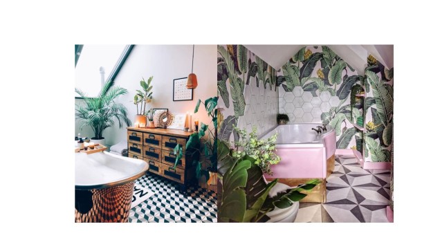 À esquerda: banheiro com chão geométrico e claraboia.À direita: banheira rosa, papel de parede tropical com toques geométricos e chão estampado.